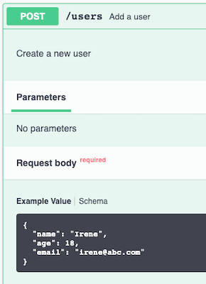 The Example Value section after setting descriptions to request body